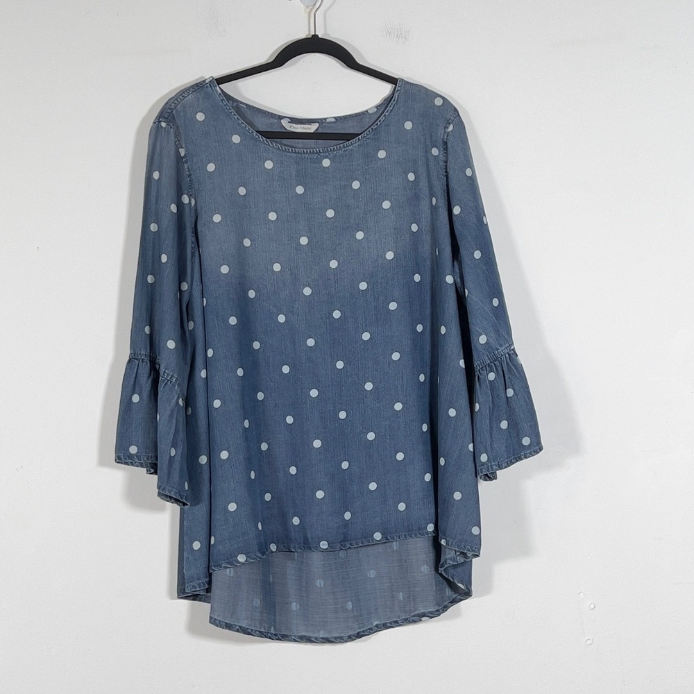 John Mark Top Womens Sz XL Blue Polka Dot Lyocell Ruffle Bell Sleeve